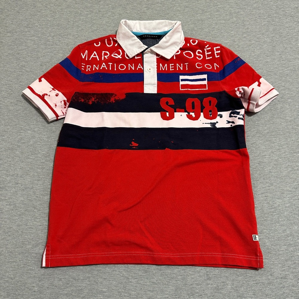 Y2K Sean John S-98 Graphic Polo Shirt Colorblock Striped Red Navy White Small